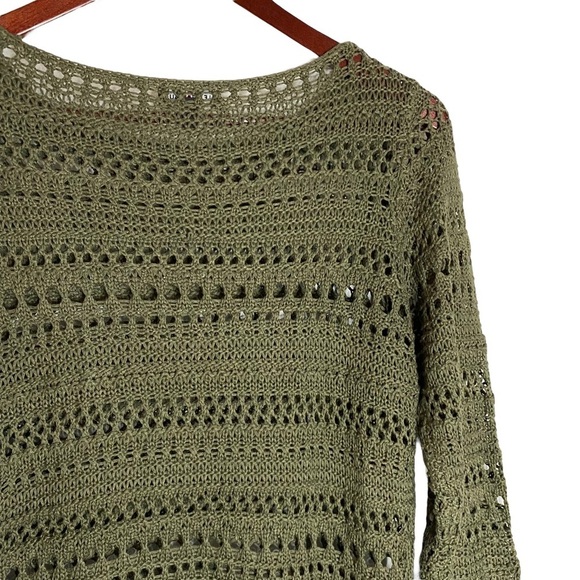 Le Chateau Olive Crochet See Through Top 3/4 Sleeves Boat Neck Small S - Picture 11 of 16